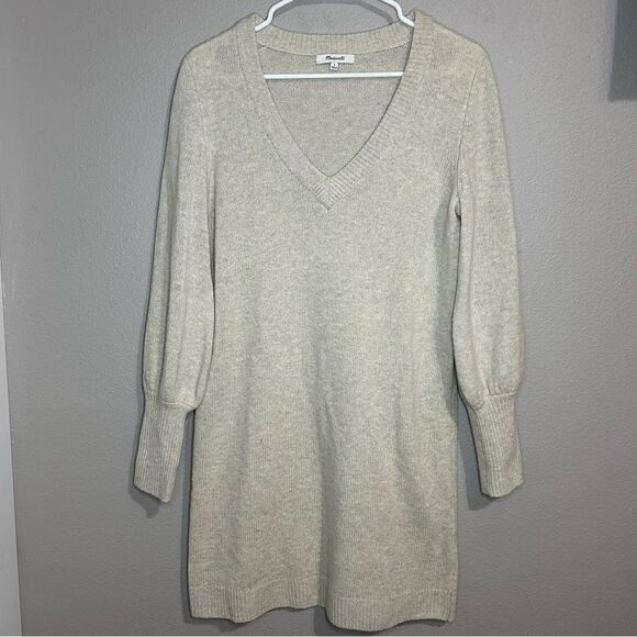 Madewell Neutral Wool Blend Bubble Sleeve V Neck Knit Sweater Dress size Small - Picture 3 of 8